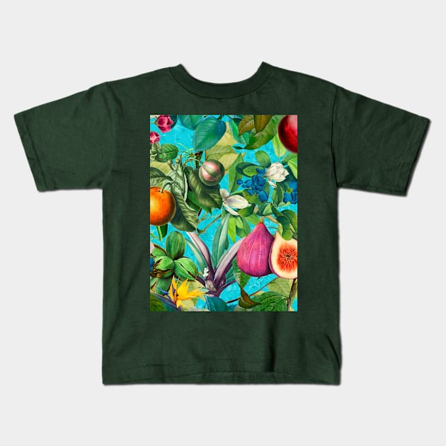 Vibrant tropical floral leaves and fruits floral illustration, botanical pattern, blue fruit pattern over a Kids T-Shirt by Zeinab taha